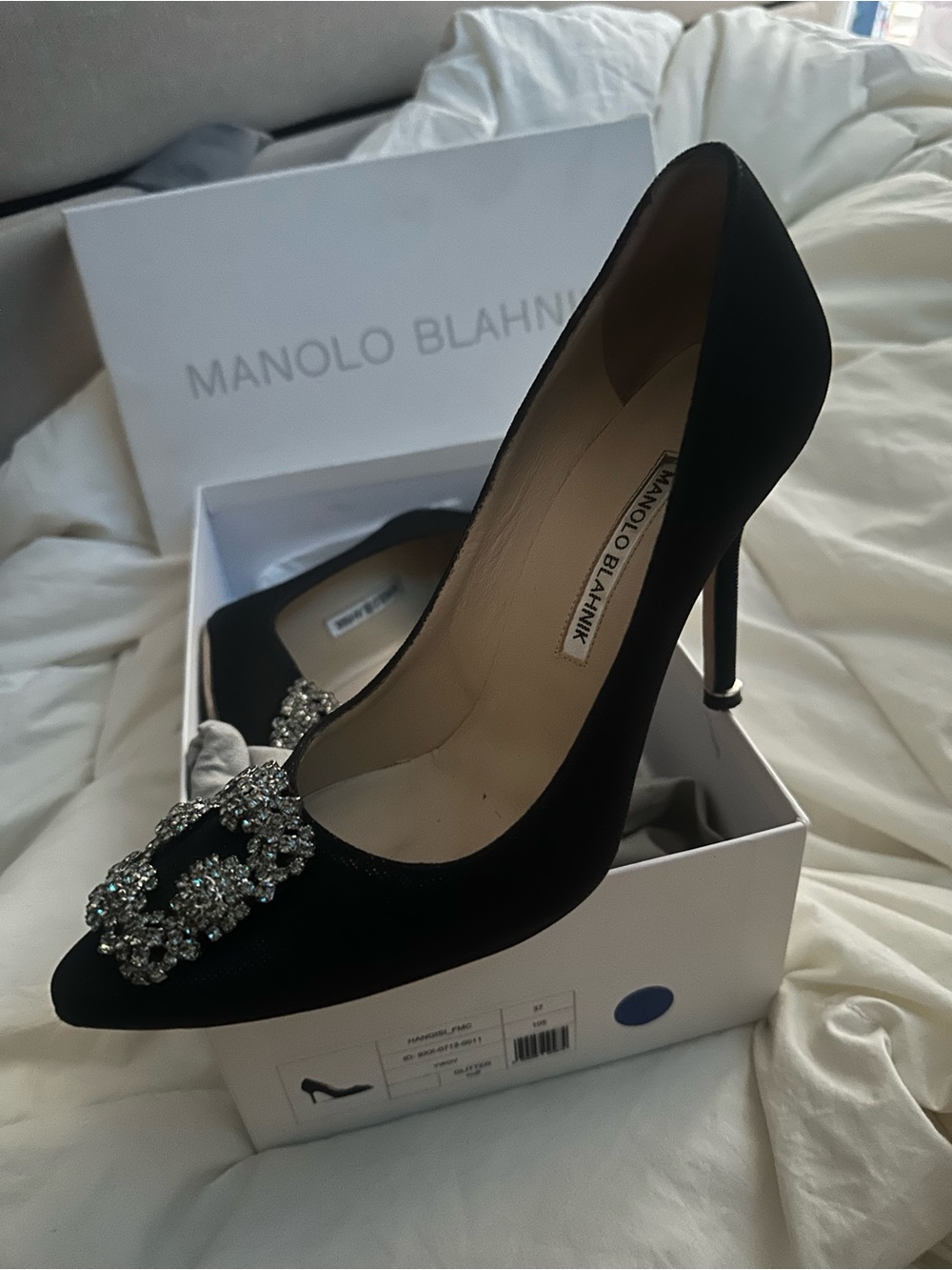 Manolo Blahnik Black Satin Crystal-Embellished Pump